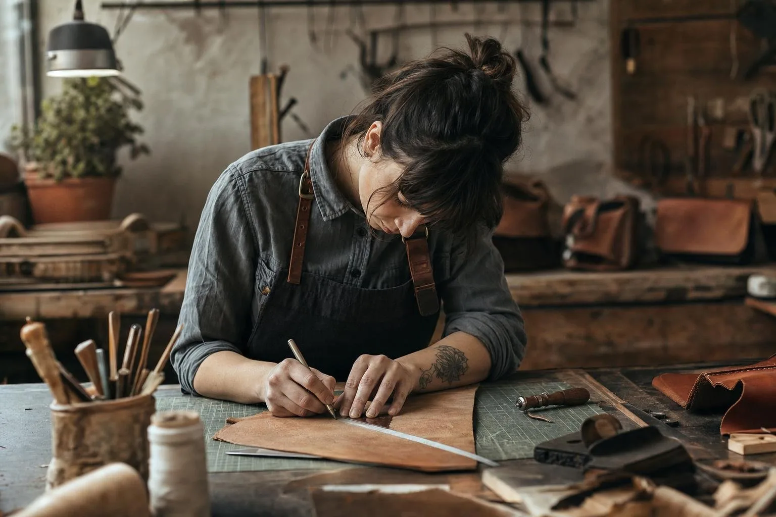 Hands saddle-stitching a leather wallet with two needles and waxed thread